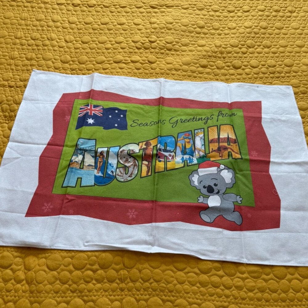 Visit Brand Australia Seasons Greetings Tea Towel With Koala & Flag Design